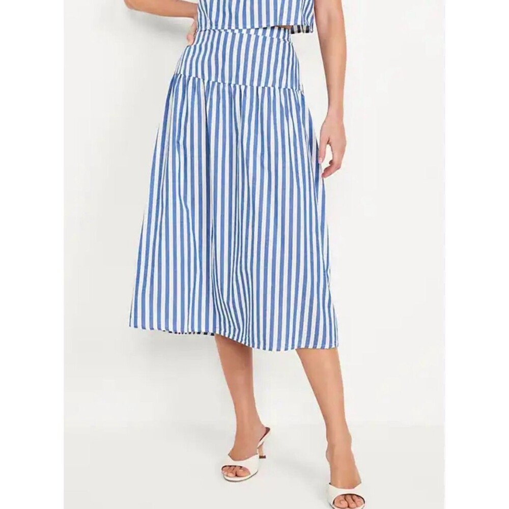 NEW Old Navy Womens XXL Dropped Waist Midi Skirt Blue White Stripe Cotton Plus